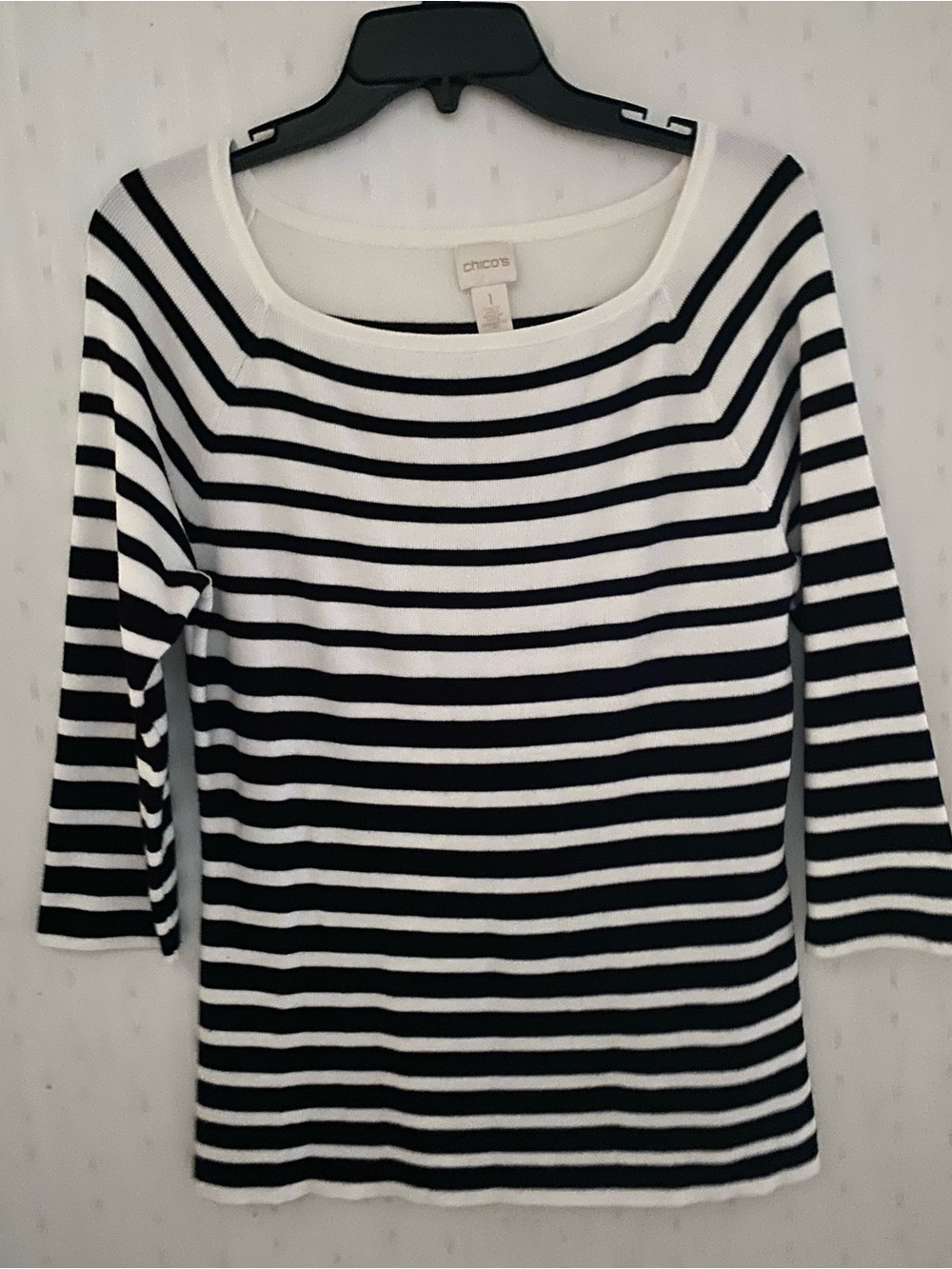 Chico's Black & White Striped Boatneck 3/4 Sleeve sweater Top